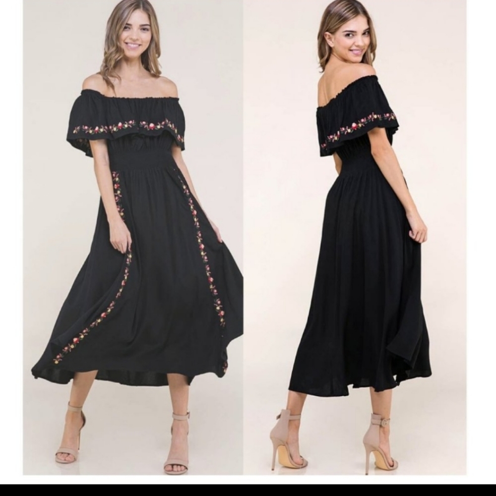 Embroidered Off Shoulder Midi Dress - Picture 3 of 11